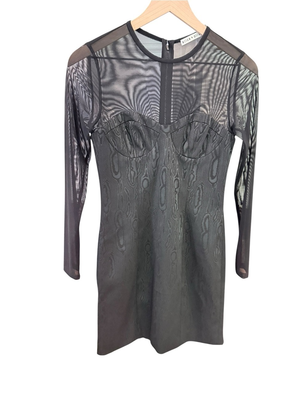 Alice + Olivia Sheer Mesh Wood Mini Dress Black Illusion Long Sleeve Size 4
